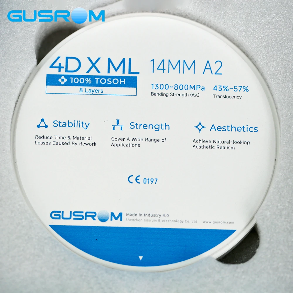 

Стоматологический циркониевый блок 98 мм GUSROM 4D X ML Многослойный циркониевый диск Tosoh для стоматологической лаборатории CAD/CAM Crown Bridge 1300–800MPa Vita16