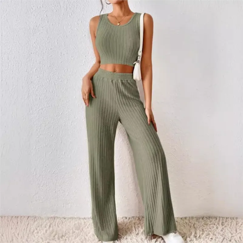 Spring Summer Fashion Casual Solid Soid Knitted Sleeveless Short Style Open Waist Tank Top High Waist Elastic Tight Pants Set