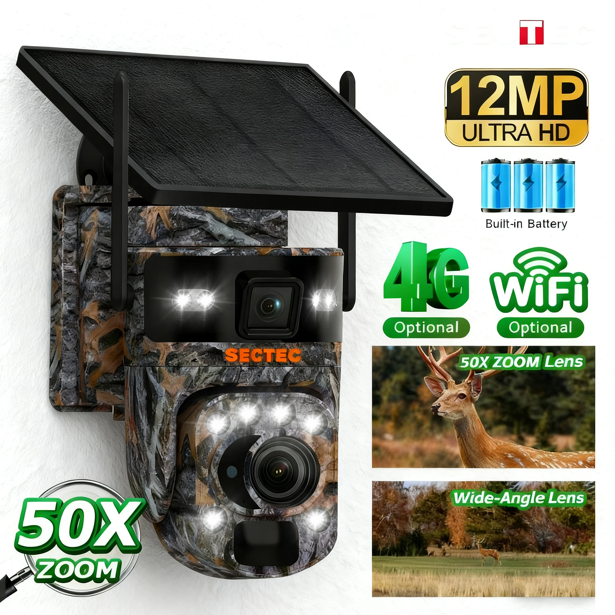 SECTEC 12MP 50X Zoom 4G LTE Solar Security Camera No WiFi Wireless Outdoor PIR Motion Sensor Night Vision 2-Way Talk IP66