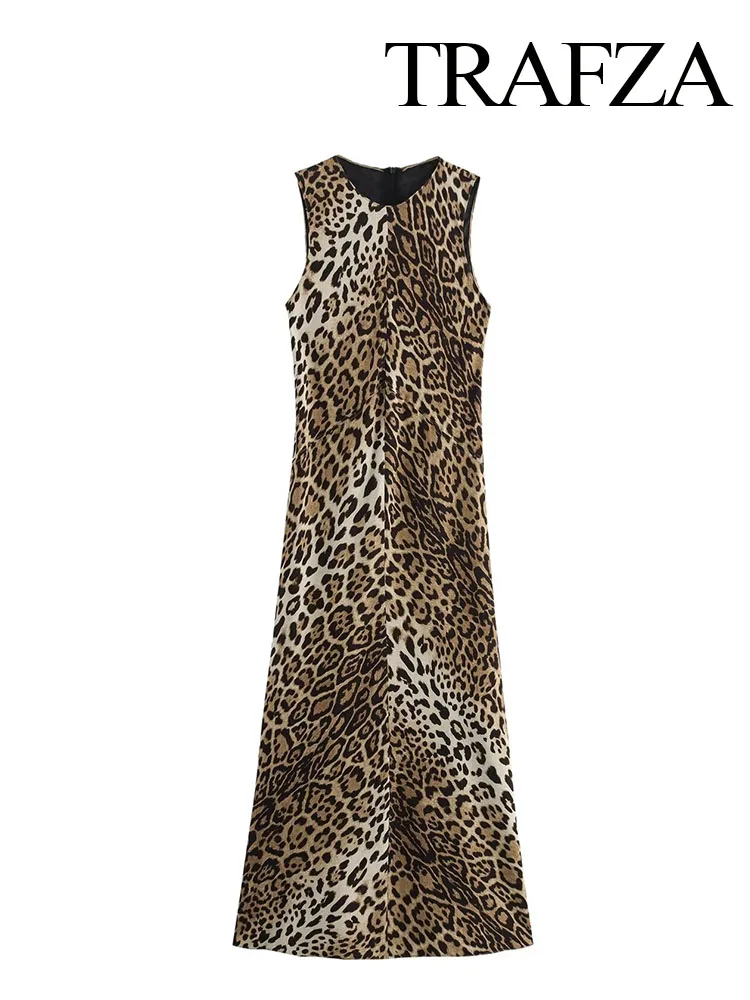 TRAFZA Women Summer Vintage Leopard Print O-Neck Sleeveless Sexy Midi Dress Female Fashion Back Zipper Slim Party Dress Mujer