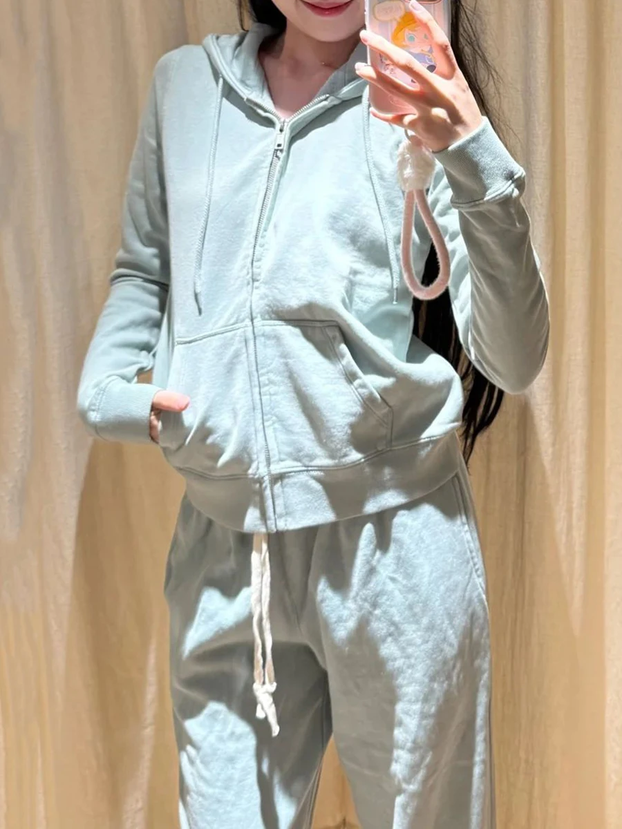 Solido Felpa con cappuccio e pantaloni Set da donna Autunno Tasca con zip Felpa con cappuccio + Coulisse Pantaloni sportivi dritti Casual in cotone Set da 2 pezzi Nuovo