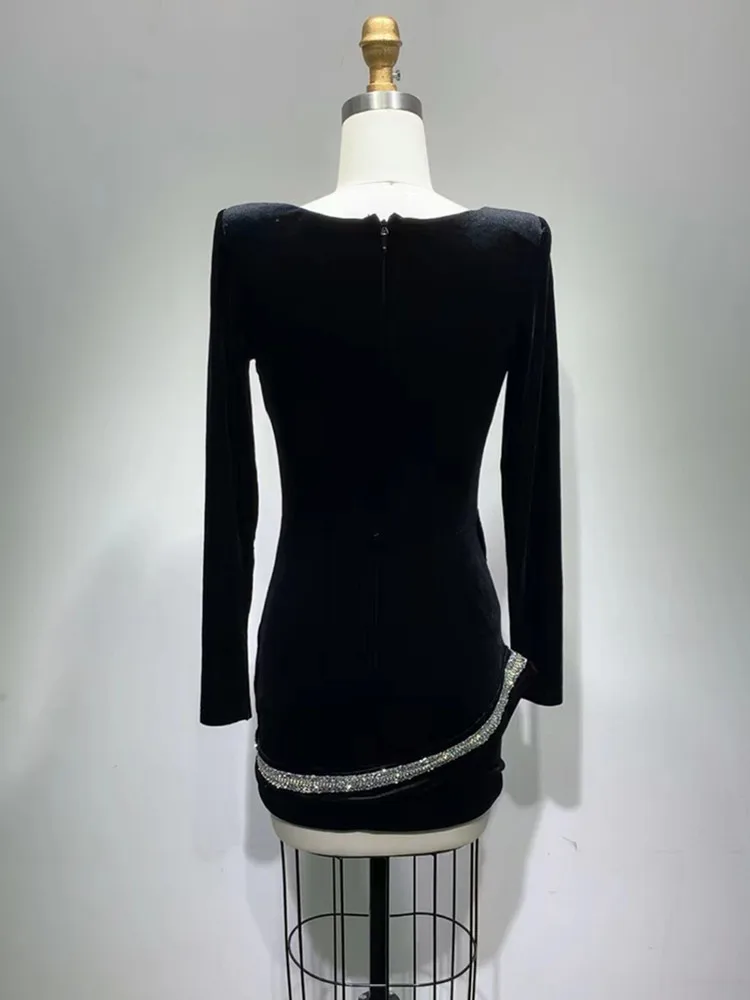 Women Winter Sexy Long Sleeve Mesh Snake Dianonds Black Velvet Mini Bodycon Custume Dress 2022 Elegant Party Performance Dress