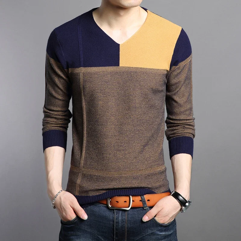 Maglione lavorato a maglia maschile autunno Casual Patchwork maglione da uomo moda Slim Pullover lavorato a maglia da uomo con scollo a v manica lunga abbigliamento da uomo