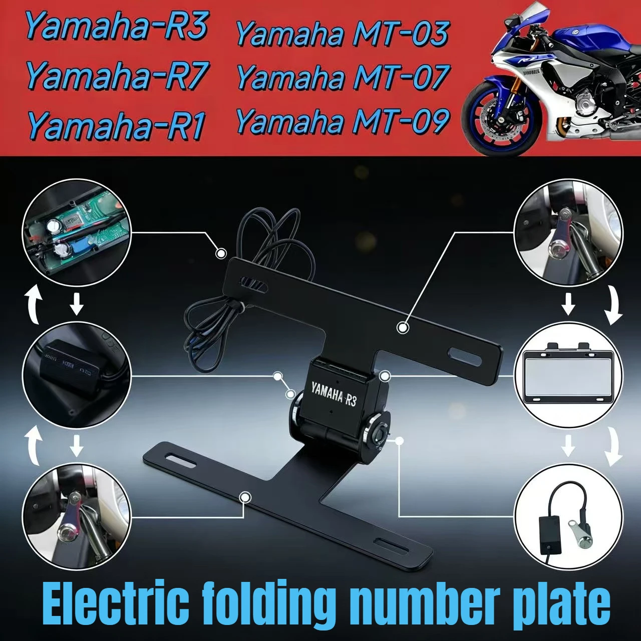 

Aluminum Alloy Electric Folding Motorcycle License Plate Frame Number Holder with One Touch for Yamaha R1R3 R7 MT-03 MT-03 MT-09