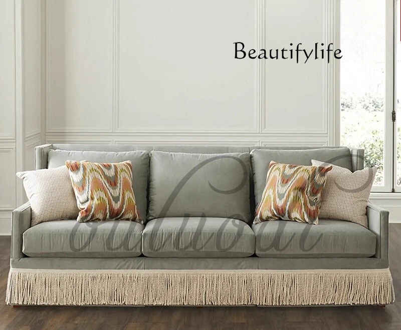 

French simple fabric fringed sofa villa small apartment solid wood sofa American living room three-person straight sofa