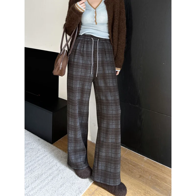 

Зимние новые стильные брюки на флисовой подкладке в стиле ретро, широкие брюки в клетку с эластичной резинкой и высокой талией, свободные прямые повседневные брюки для женщин