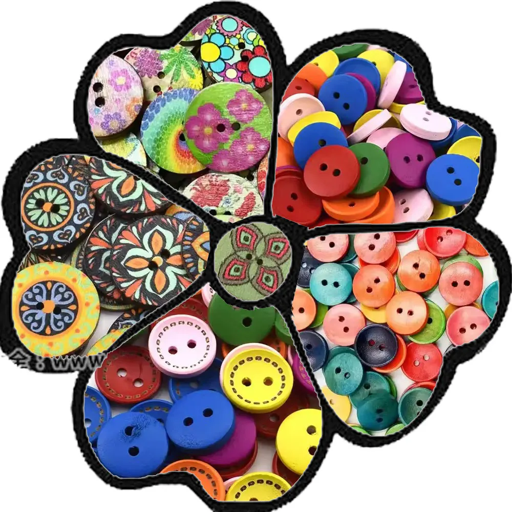

300PC 15MM Multicolor Retro Pattern Wooden Buttons for Handwork Sewing Scrapbook DIY Crafts Clothing Accessories Gift Card Decor