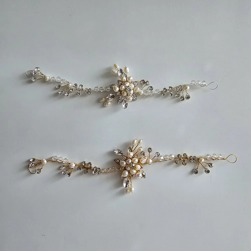 

SLBRIDAL Handmade Wired Crystal Bridal Bracelet Rhinestones Freshwater Pearls Wedding Bracelet Bridesmaids Women Girls Jewelry