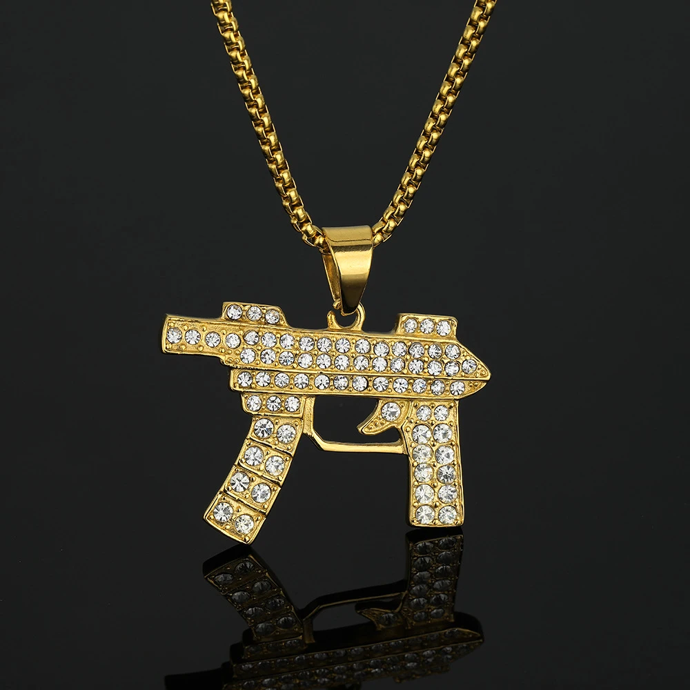 Hip Hop Fashion Assault Rifle Iced Out Shiny CZ Pendant Gold Color Stainless Steel Rapper Necklace Man Hippie Military Jewelry