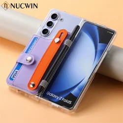 For Samsung Z Fold 6 5 Wallet Wristband Transparent Case for Samsung Galaxy Z Fold 5 fold 6 Pen Card Holder Bracket Stand Cover