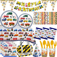 Construction Birthday Decoration Popcorn Paper Box Tableware Banner Vehicles Balloons Decoration Gift Bags Kids Party Favors