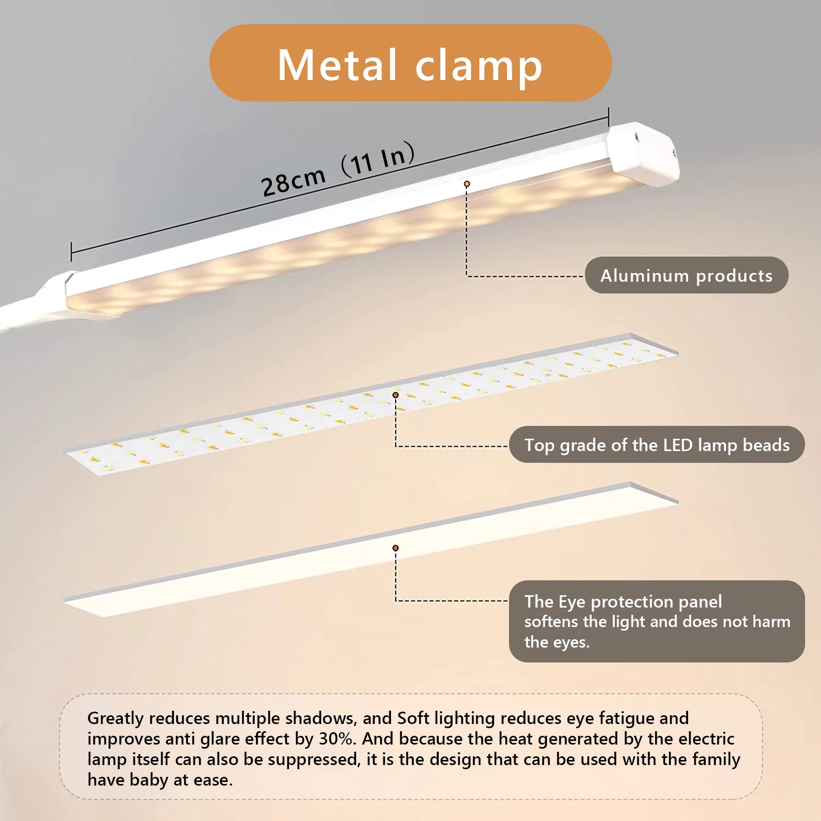 B lampu meja LED dengan penjepit, perawatan mata klip pada lampu untuk rumah kantor, 3 Mode 10 kecerahan, panjang fleksibel leher angsa, logam