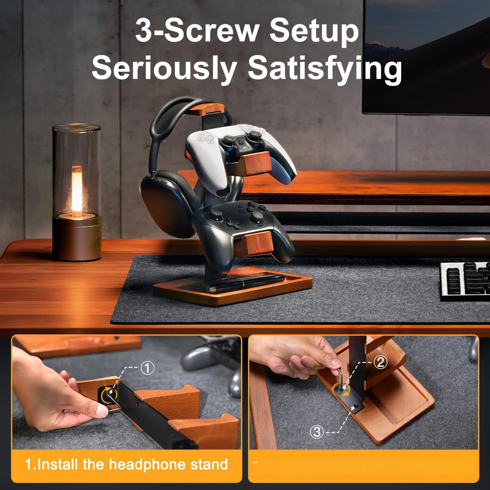 

Подставка для игровой гарнитуры Iron & Wood, настольный держатель для наушников, подставка для хранения игровой гарнитуры и контроллера из массива дерева