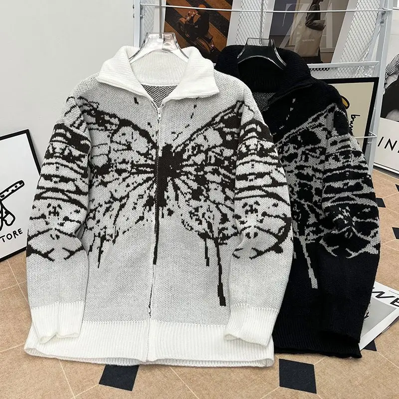 

Открытый кардиган на молнии с американской вышивкой в стиле ретро, зимняя модная уличная свободная вязаная верхняя одежда для ленивых