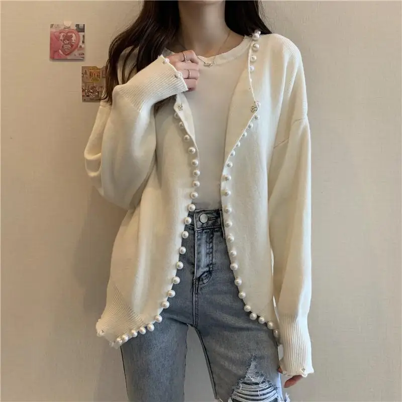 Spring and Autumn Lazy Style Design Sense Pearl Edge Sweater Women\'s French Outfit Versatile Knitted Cardigan Coat