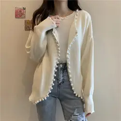 Spring and Autumn Lazy Style Design Sense Pearl Edge Sweater Women's French Outfit Versatile Knitted Cardigan Coat