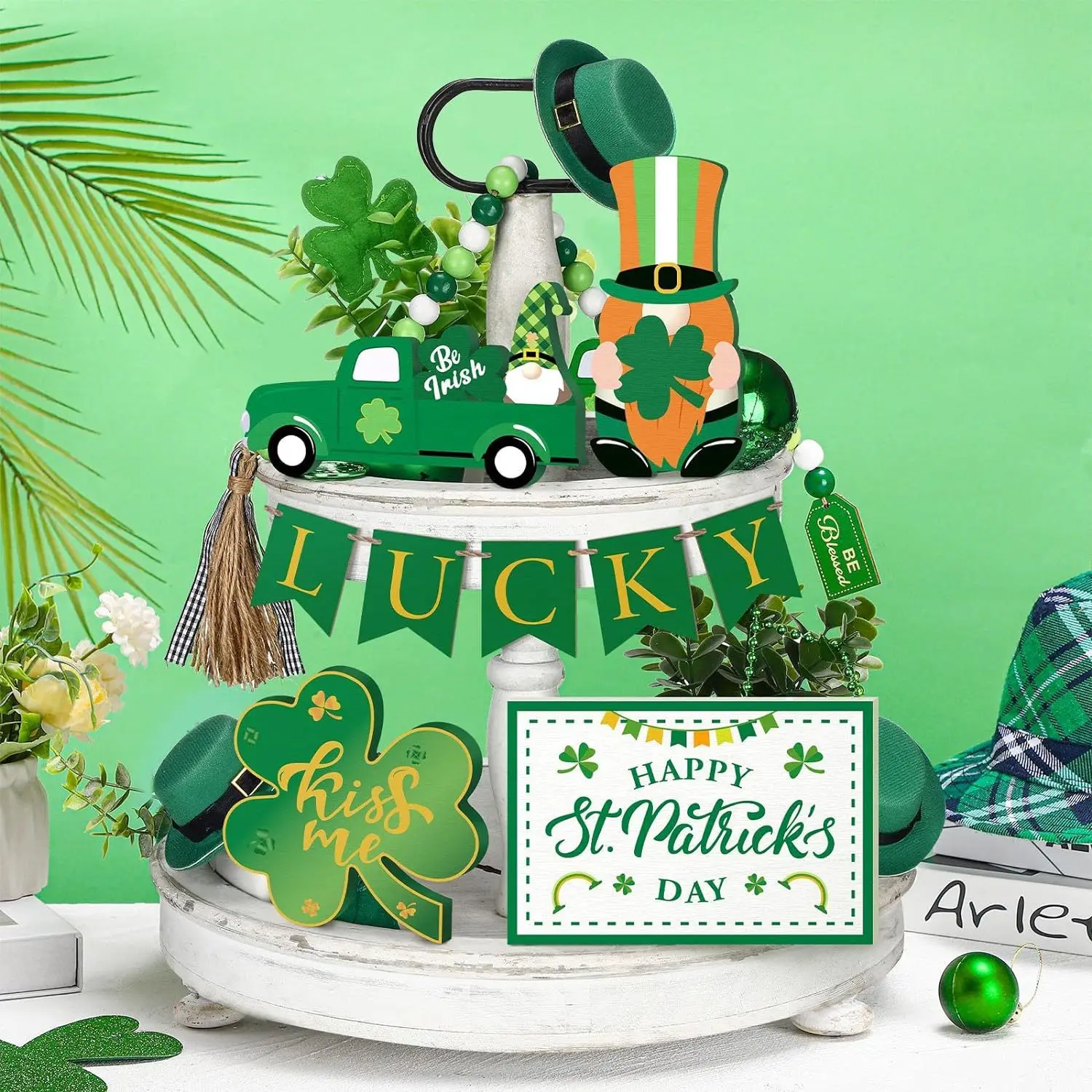 

Irish Festival Decor St Patricks Day Tiered Tray Decoration Set with Wooden Green Lucky Grass Sign Gnome Plushies for Irish