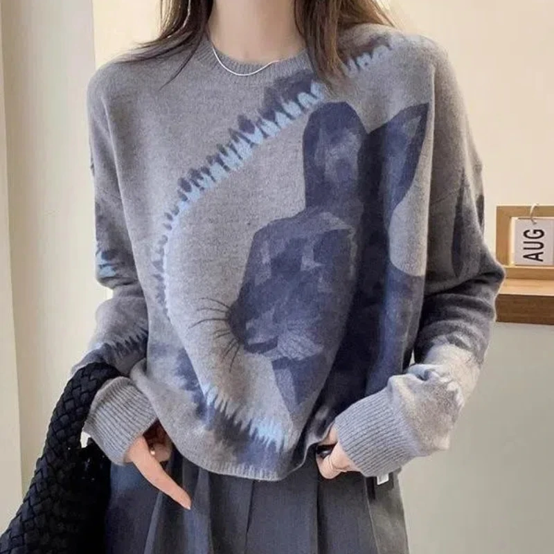 Autumn Winter Women\'s 2024 New Patchwork Pullover O-Neck Printing Fashion Loose Minimalist Casual Long Sleeve Knitted Tops