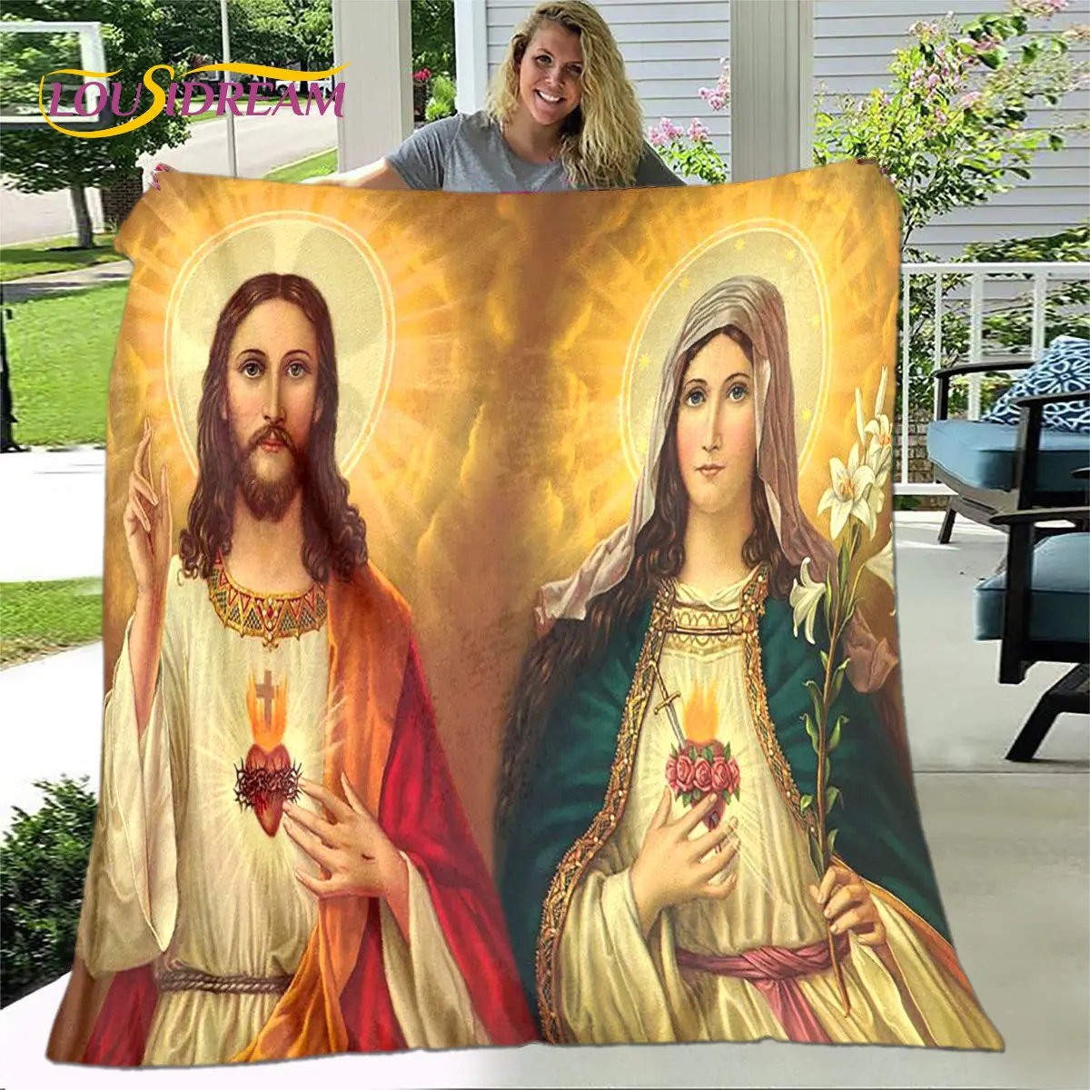 Jesus Virgin Mary Blanket,Flannel Blanket Throw Blanket,Sherpa Warm Blanket for Living Room Bedroom Beds Sofa Couch Cover Pray