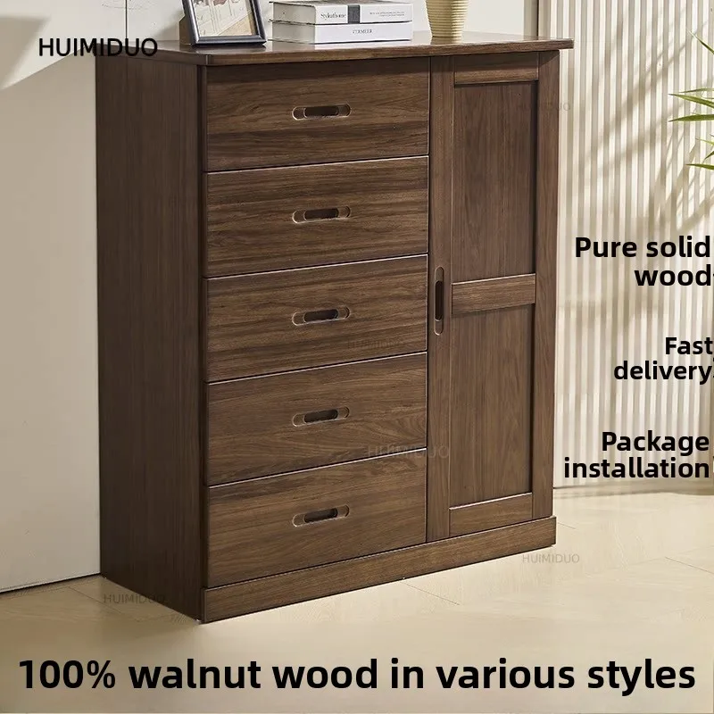 2026 New All-solid Wood Chest Cabinet, Bedroom Five-bucket Antique Storage Side Cabinet, Black Walnut Against The Wall with Ches