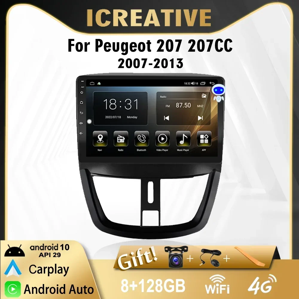 4G WiFi For Peugeot 207 207CC 206 Plus 2007-2013 Android Carplay 2 Din 9 Inch Radio GPS Navigation Multimedia Player Head Unit