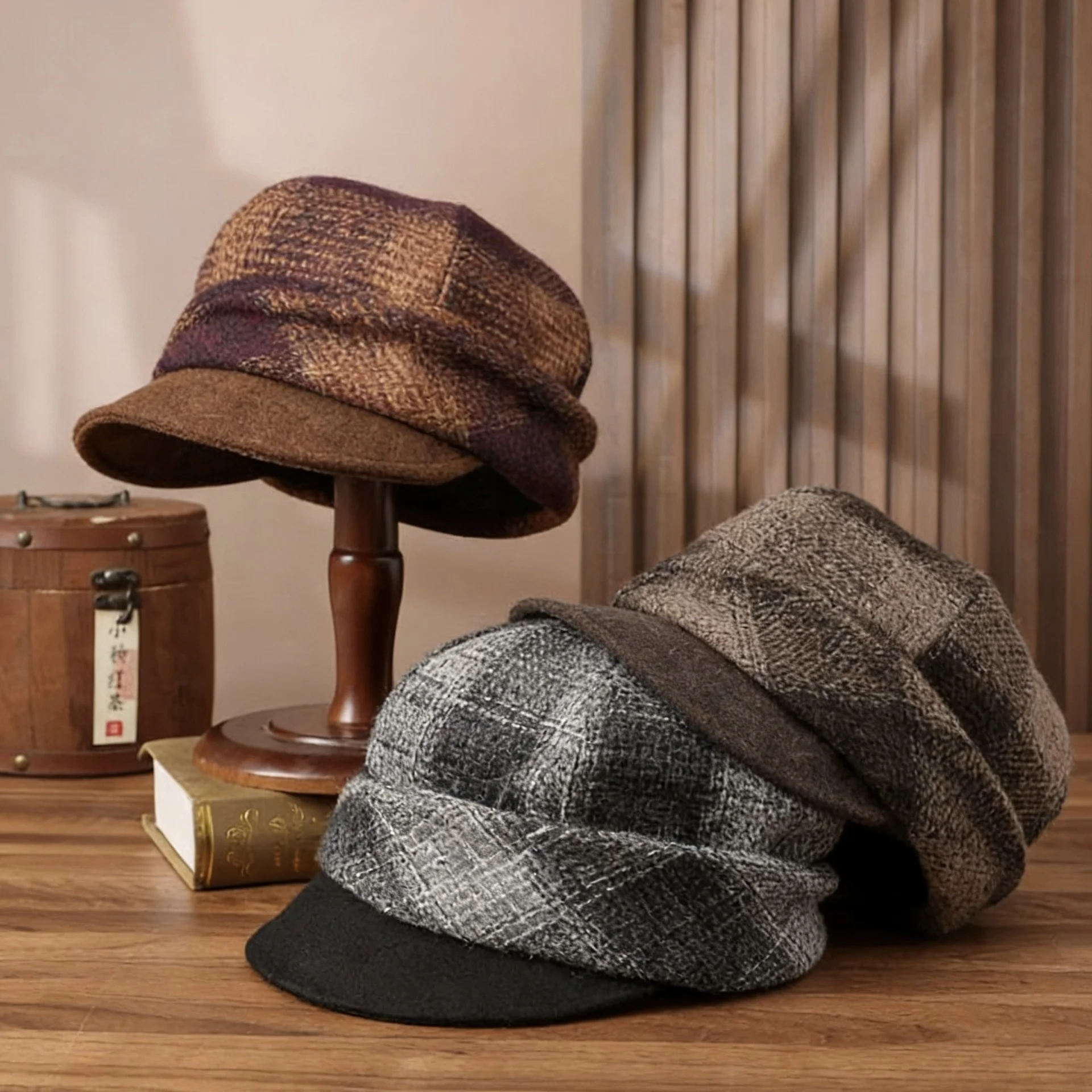 

Новое поступление осени/зимы: британская винтажная восьмиугольная шапка для женщин, шерстяная теплая шапка в клетку тартан, универсальная модная панама