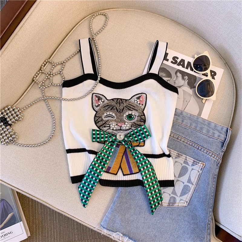 2024 Summer Stylish Sexy Slim Knit Vests Women Cartoon Bowtie Beaded Crop Tops Sleeveless Fashion Chic Ladies Knitwear Vest