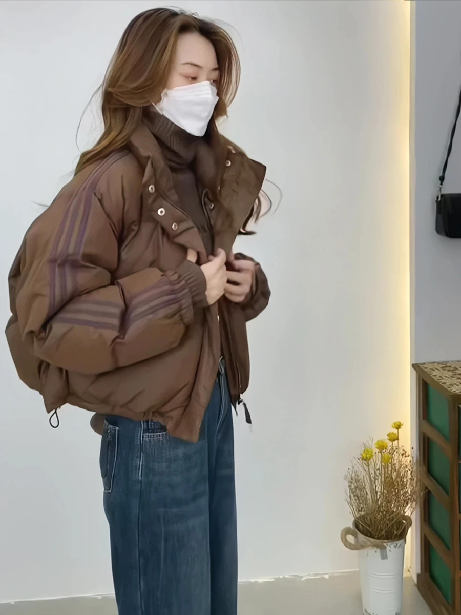 Chic ort puffer jaet feminino inverno thi outerwear cor café gola pão sle versão coreana du casaco para baixo
