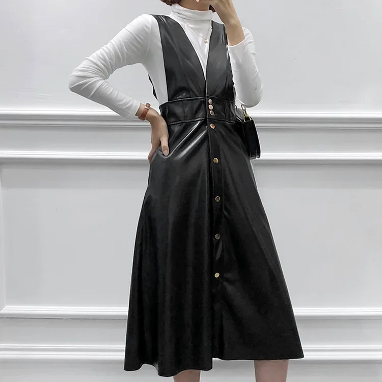 

2023 Autumn and Winter Black PU Leather Summer Dress V-neck Sleeveless Strapless Artificial Leather Dress Fashion Temperament