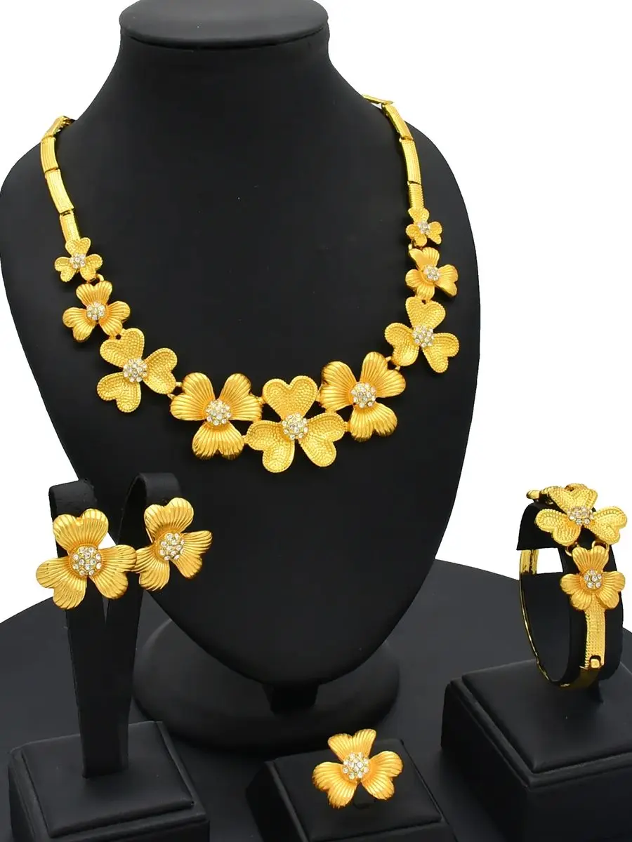Ensemble de bijoux indiens plaqués or pour femmes, ensemble de boucles d'oreilles et collier de mariée africaine en or 24K, dubaï, mariage nigérian, vente en gros