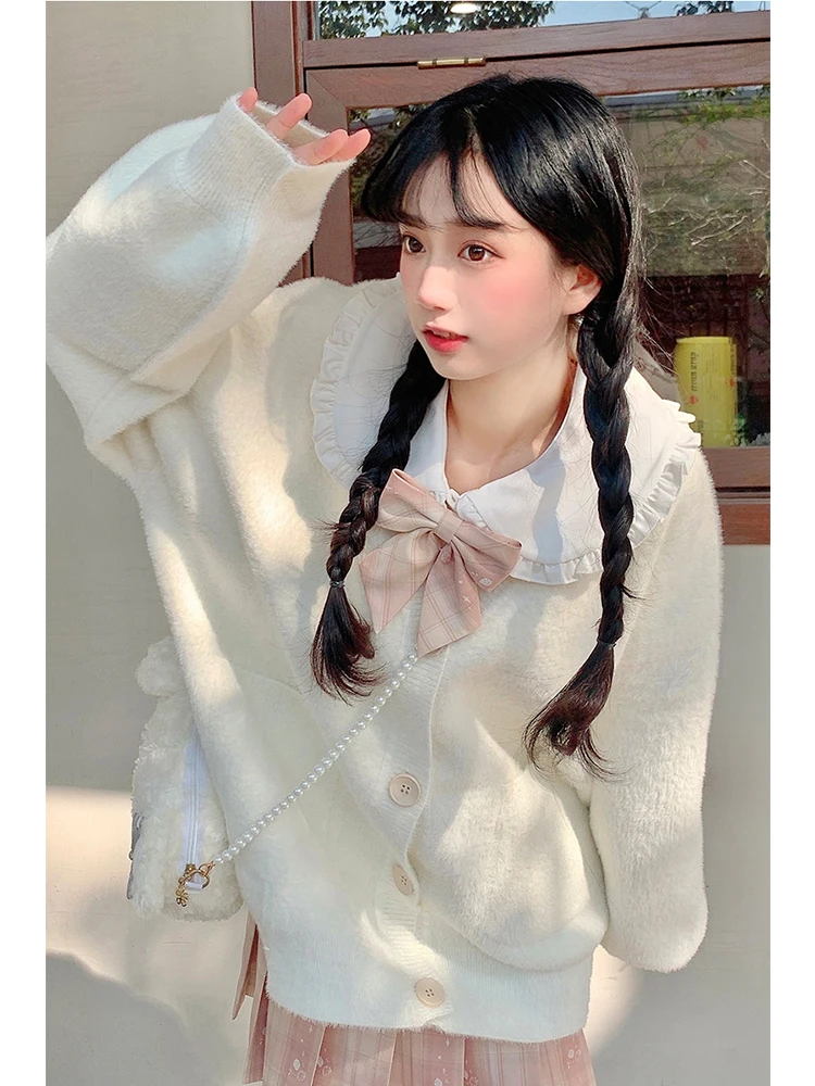 

Вязаный кардиган Pinkdog Furry для женщин, маленький размер, осенне-зимний, теплый, с длинными рукавами, милый, свободный крой, нейлон