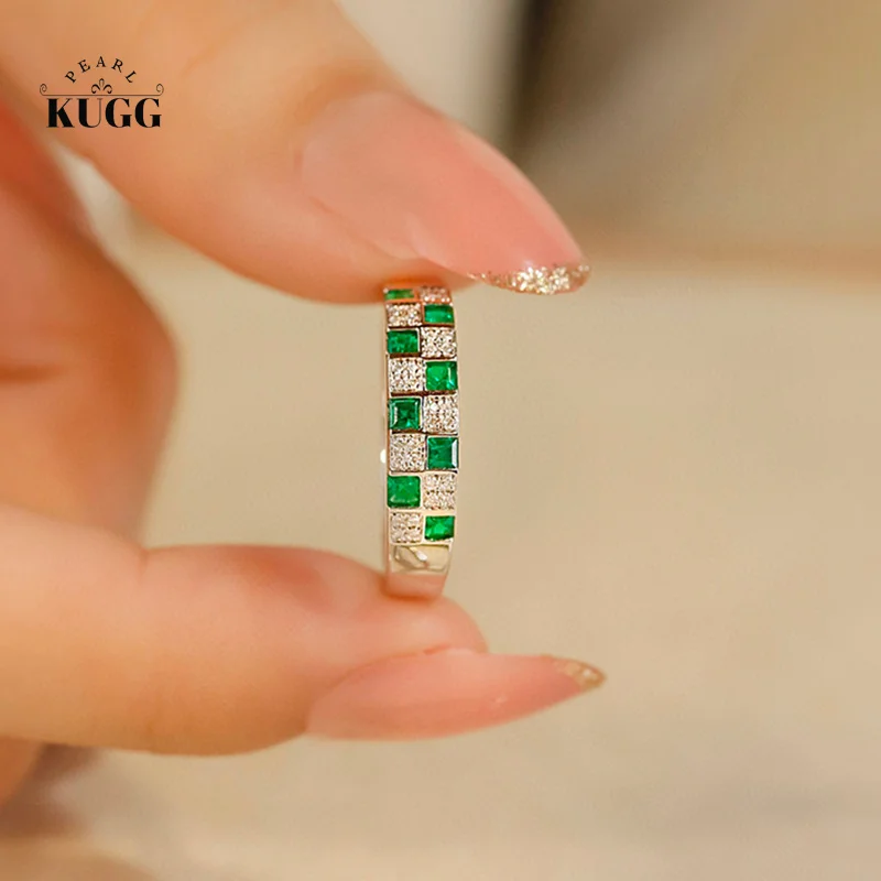 

KUGG 18K White Gold Rings Fashion Lattic Element Design Natural Emerald Real Diamond Engagement Ring for Women Party Jewelry