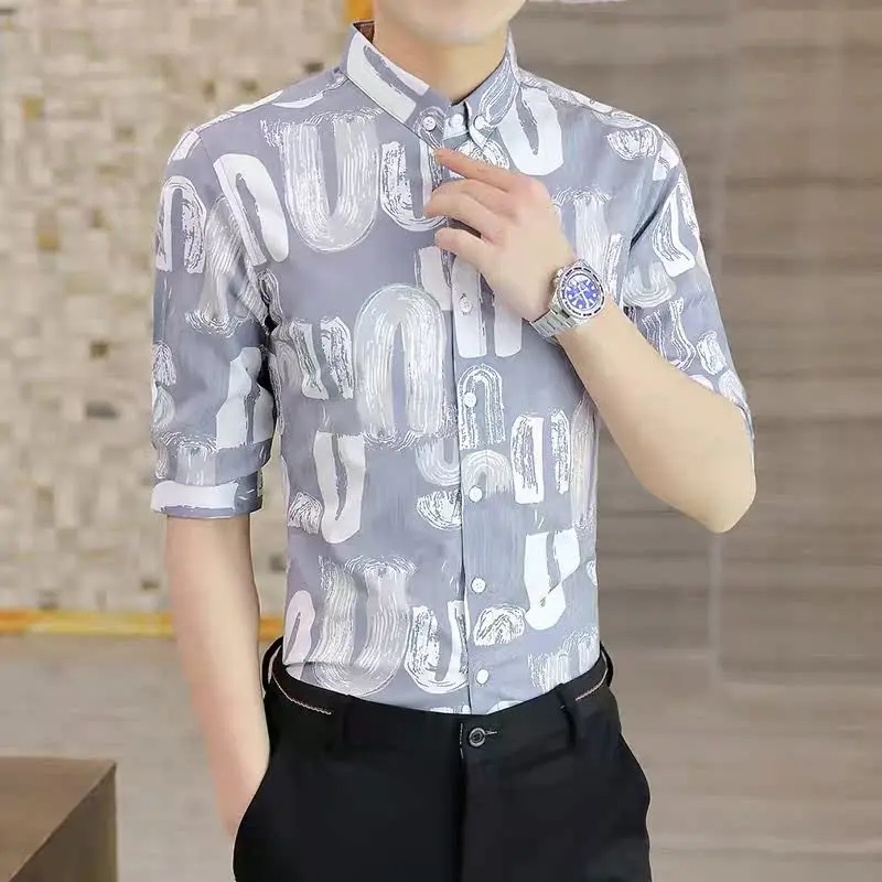 Summer Short Sleeve Shirt Men's Korean Style Five-Sleeve Trendy Young Lad Handsome Night Club Middle Sleeve Floral Shirt