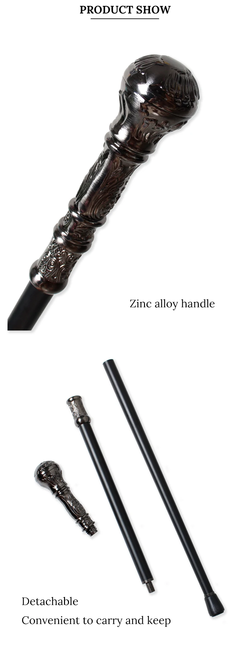 Victorian Round Handle Walking Cane Antique Silver Alloy Carved Detachable Vintage Walking Stick Cosplay Prop for Men And Women