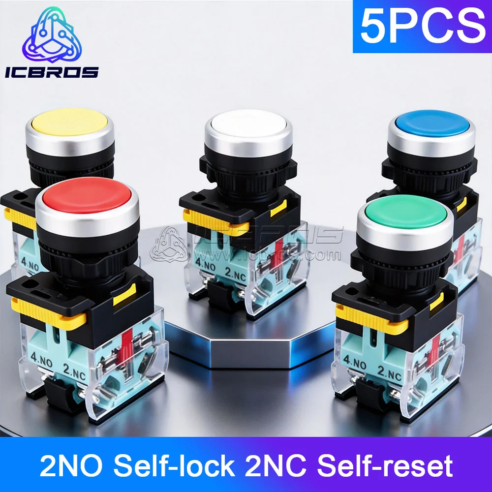 5pcs Button Switch LA38 Series Rotary Knob Flat Button Emergency Stop Open Two Normally Closed Self-Locking Self Resetting Open