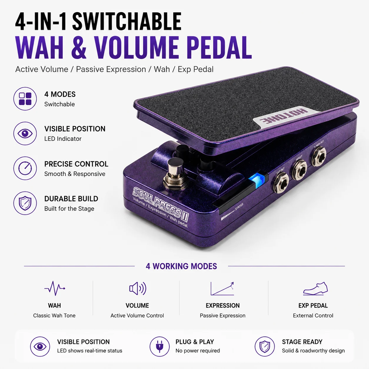 Hotone Soul Press II  4 in 1 Switchable Wah Active Volume Passive Expression Effect Pedal with Visible Position Indicators