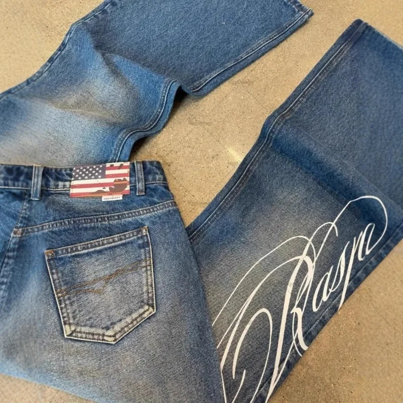 

European American High-waisted Washed Lettered Print Jeans 2025 Fall Winter New Men Women Y2k Harajuku Fashion Punk Long Pants