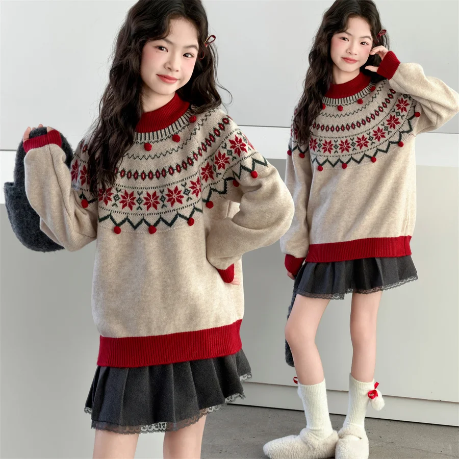 

Tweens Girl Retro Knit Sweater New Fashionable Casual Knitwear Kids Child American y2k Flower Embroidery Spring Clothing Outfit