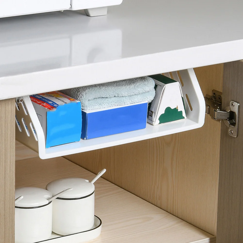 

1pc Under Desk Storage Basket White Sturdy Punch-Free Rack For Bathroom Kitchen Wall-Mounted Holder Household Organizer