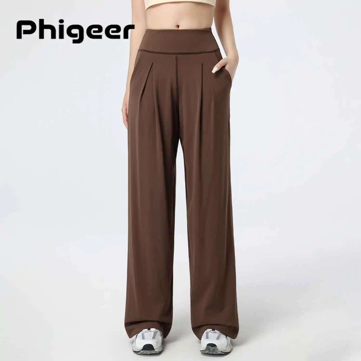

PHIGEER High Stretch Yoga Pants, Breathable Loose High-Waisted Wide Leg Pants for Women, Soft Comfy Casual Trousers with Pockets