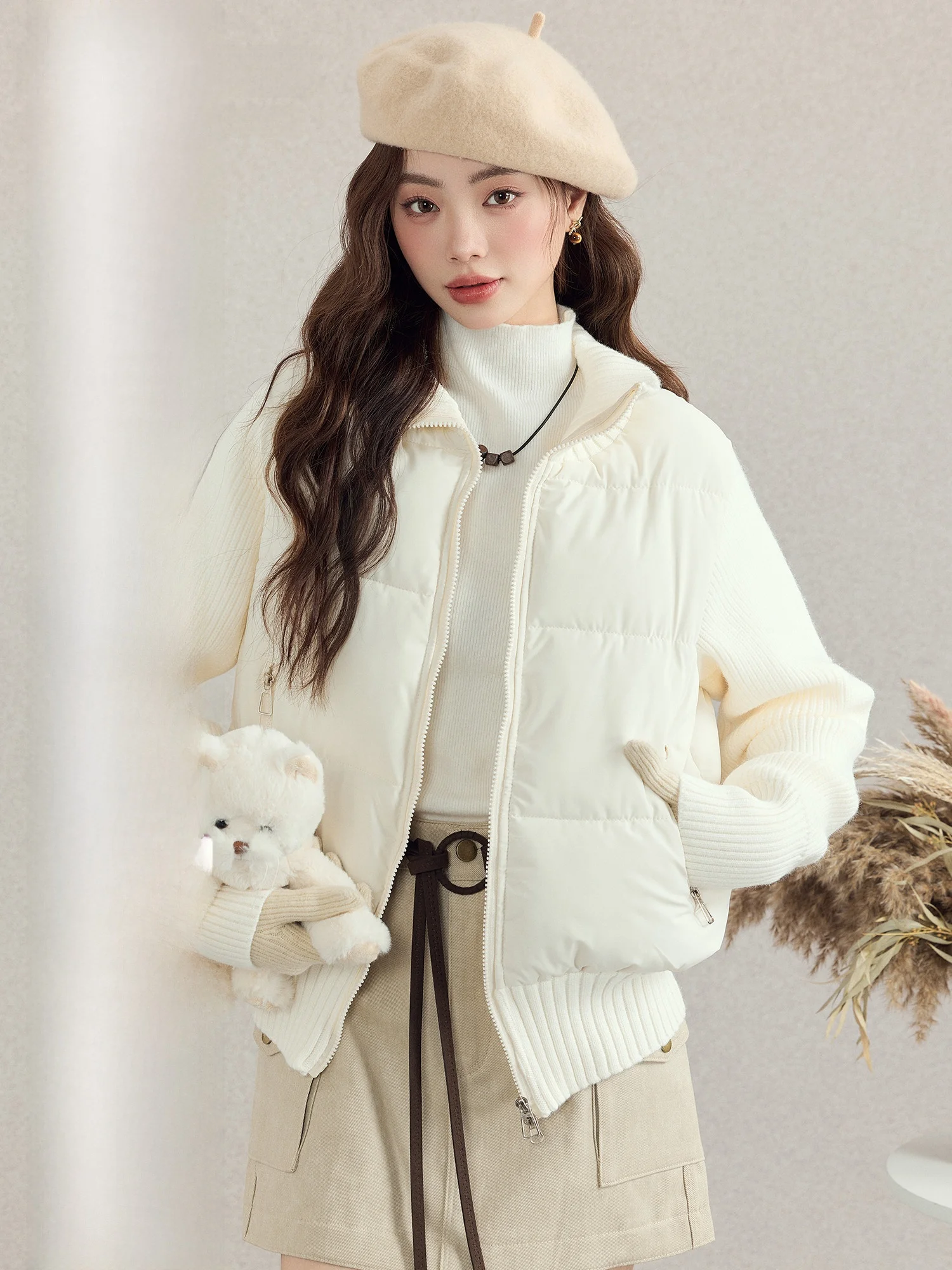

Meng Xiaoqi Design Knitted Long Sve Zipper Jaet Women's Autumn Winter Warm Outerwear Cotton Top Splicing Outer Layer
