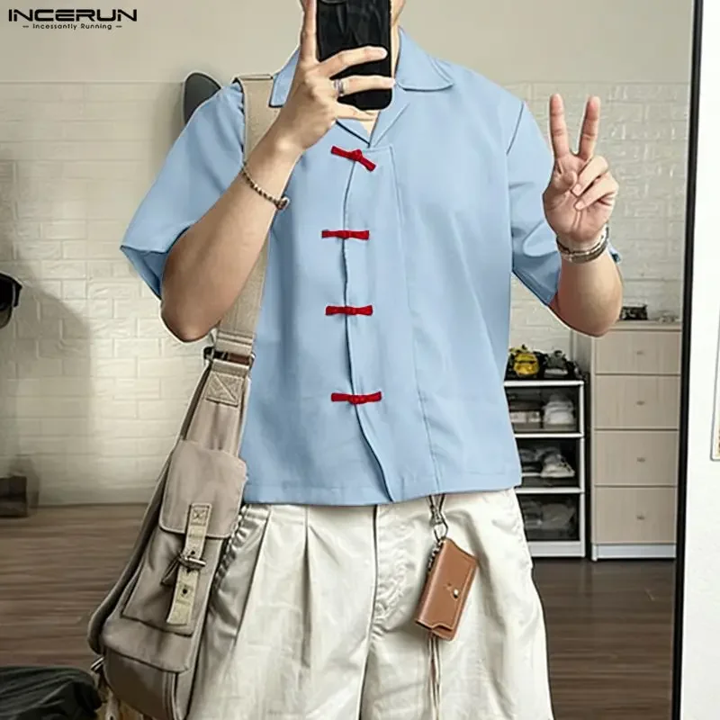 

INCERUN Men's Shirt Button Color-block Lapel Short Sleeve Menswear Clothing Streetwear Loose Vintage Casual Tops Shirts For Man