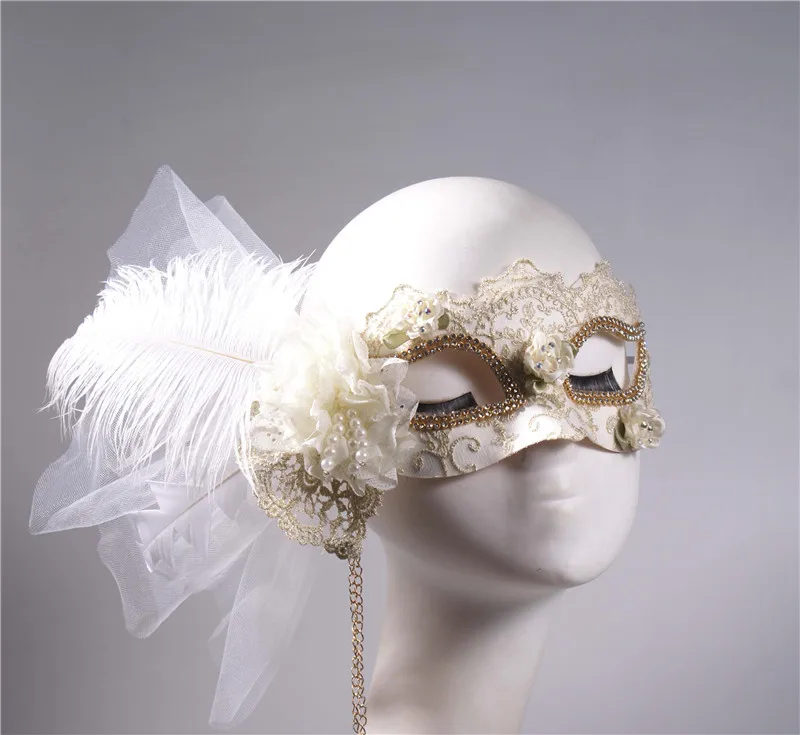 

Side flower white feather half face Halloween mask, women's makeup ball, princess party mask, high-end lace,