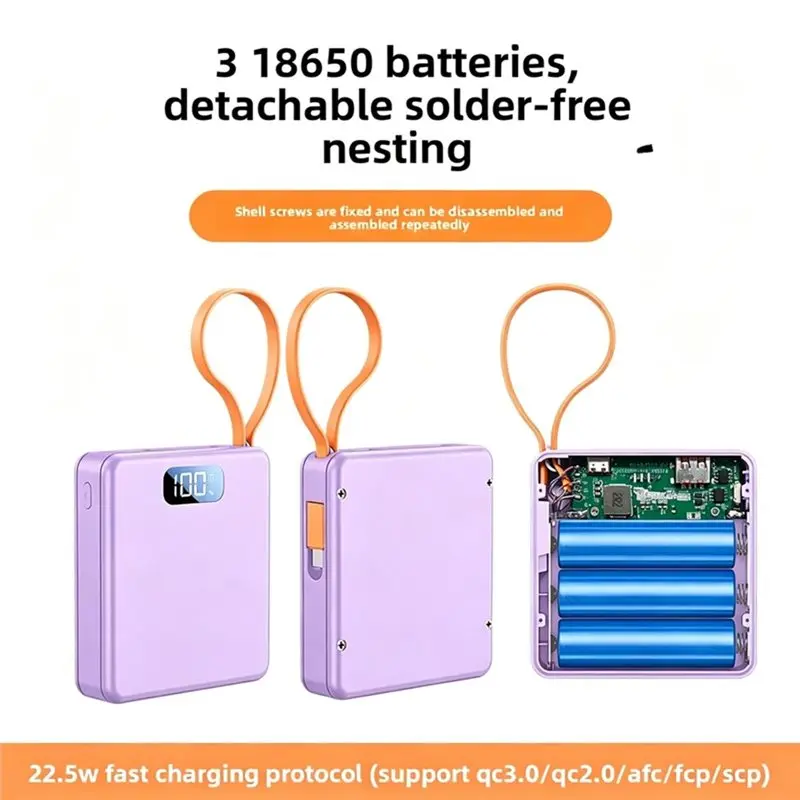 ABSQ-Power Bank Shell 22.5W DIY, 3X18650 Battery Box With Cable Mini Solderless Power Supply Housing Black