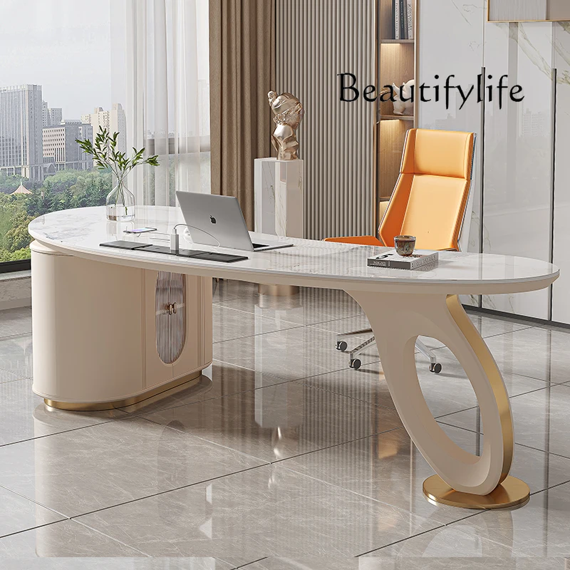 Q Light luxury rock slab desk Modern simple desk Home high-end study Creative arc