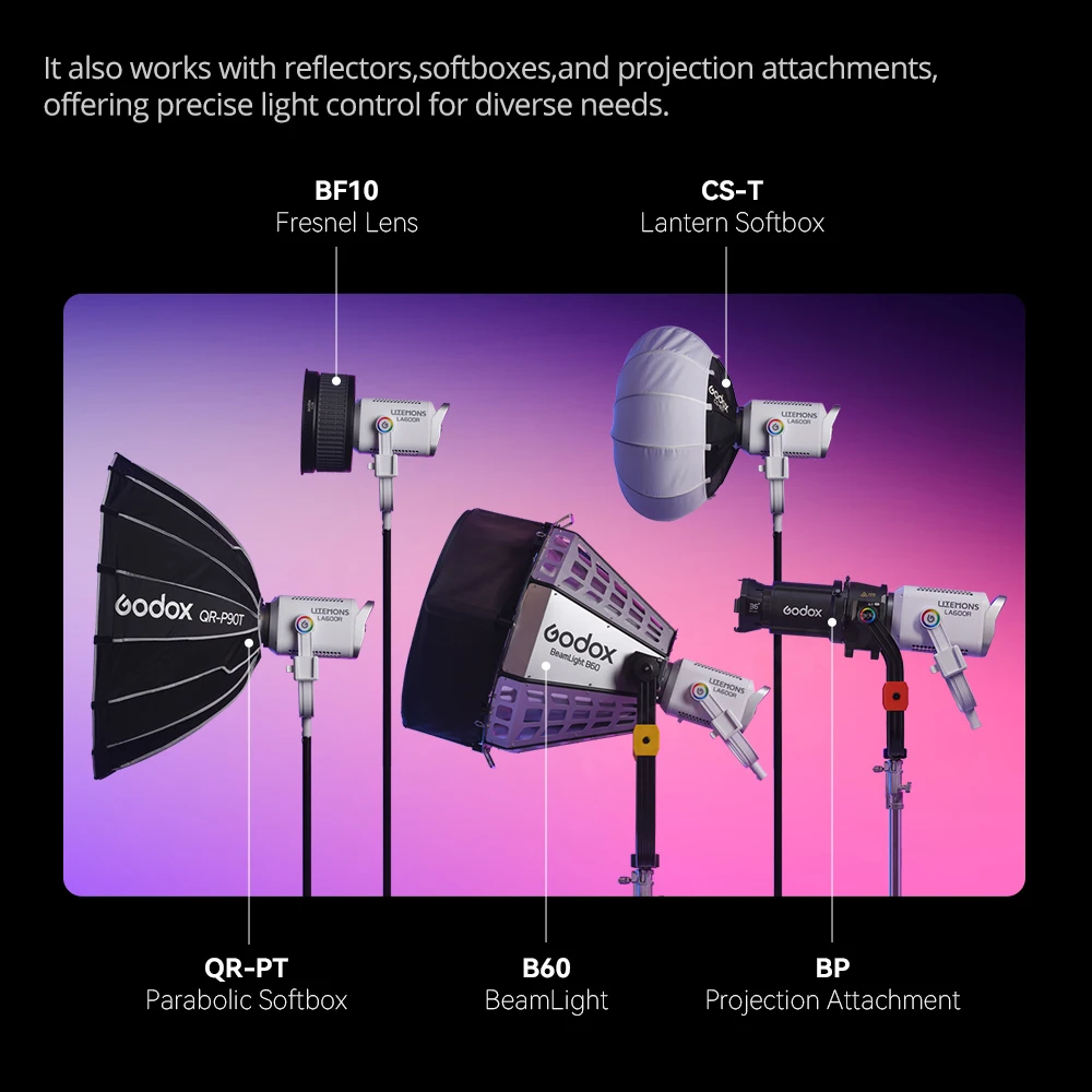تدعم مصابيح الفيديو Godox LA600R وLA600BI 600w RGB بالألوان الكاملة LED COB أوضاع متعددة بما في ذلك HSI/RGBW/GEL/FX