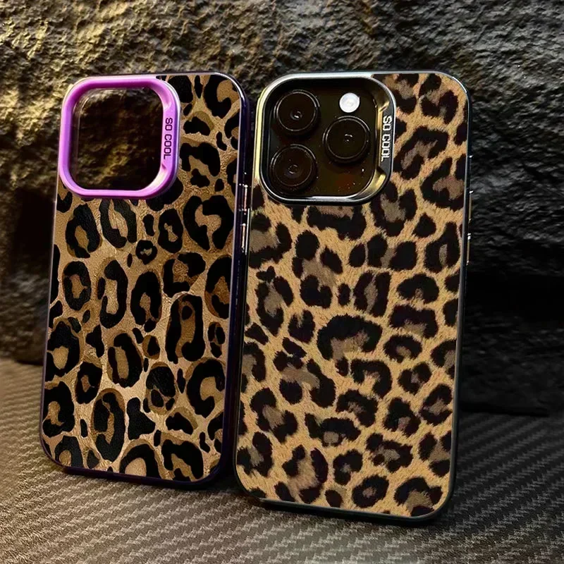 Brown Leopard Anti-drop Armour Phone Case For iPhone 15 Pro Max 14 13 12 11 Pro X XR XS 7 8 Plus Lens Protect Plating Cover