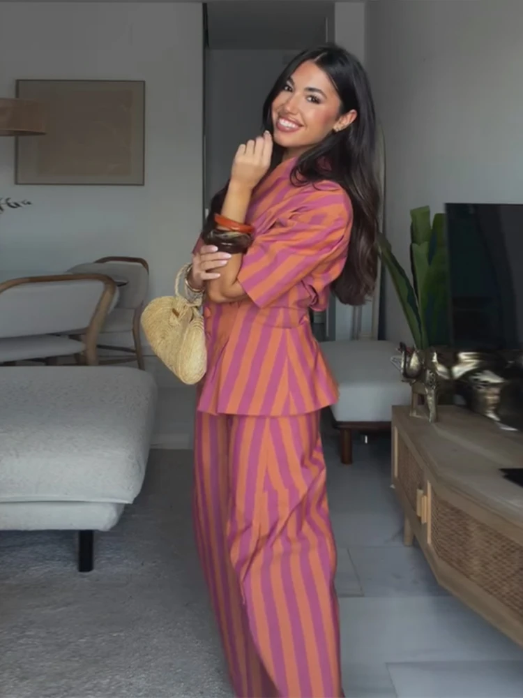 Gestreifte Kurzarm-Oberteil-Hosen-Kombination für Damen, Street-Style Einreihiges Tailliertes Oberteil mit Hochgeschnittener Hose, Modische Damen-Outfits – Detail 19