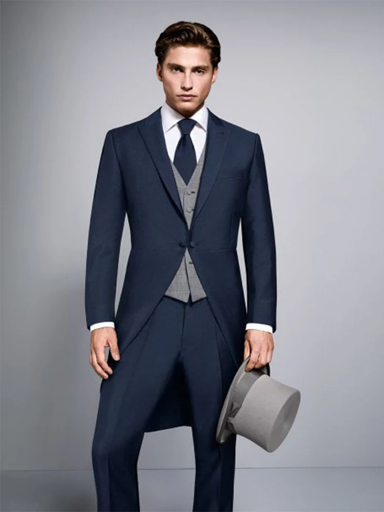 Men\'s Navy Blue Swallow-Tailed Suit One Button Peak Lapel Jacket Grey Vest Pants Groom Dinner Blazer Wedding Tailcoat Men Suits