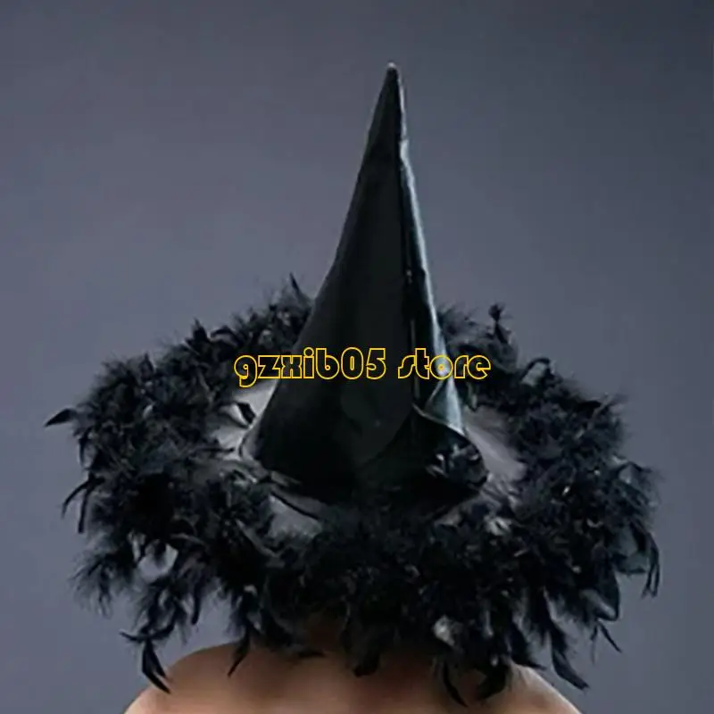 C9GE Chapéu bruxas Halloween com acabamento penas feminino assistente cosplays festa menina